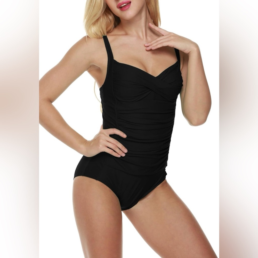 Ekouaer | Elegant Black Ruched Women's One Piece Swimsuit
